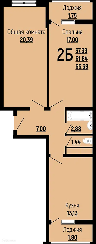 Планировка: 2-комн. квартира 65.39 м² в новостройке Славянка