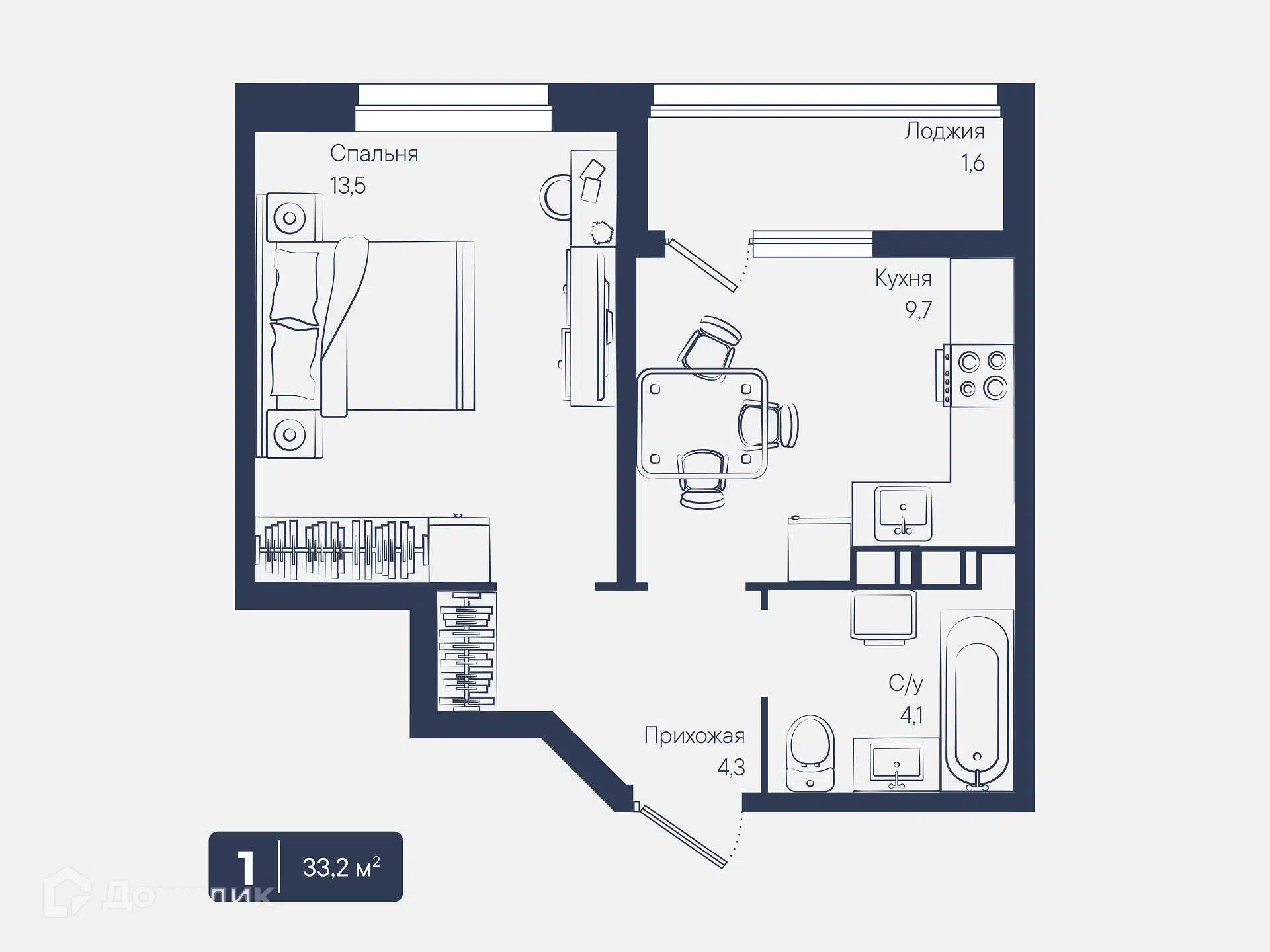 Планировка: 1-комн. квартира 33.20 м² в новостройке Архитектор
