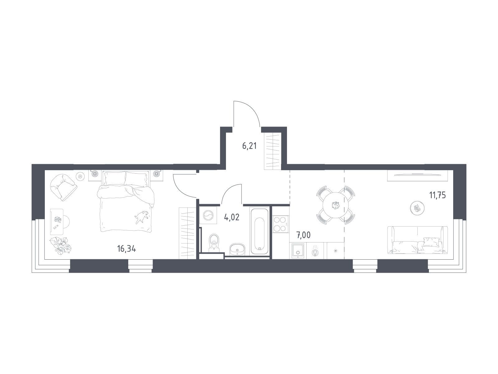 Планировка: 1-комн. квартира 45.32 м² в новостройке Квартал Ивакино