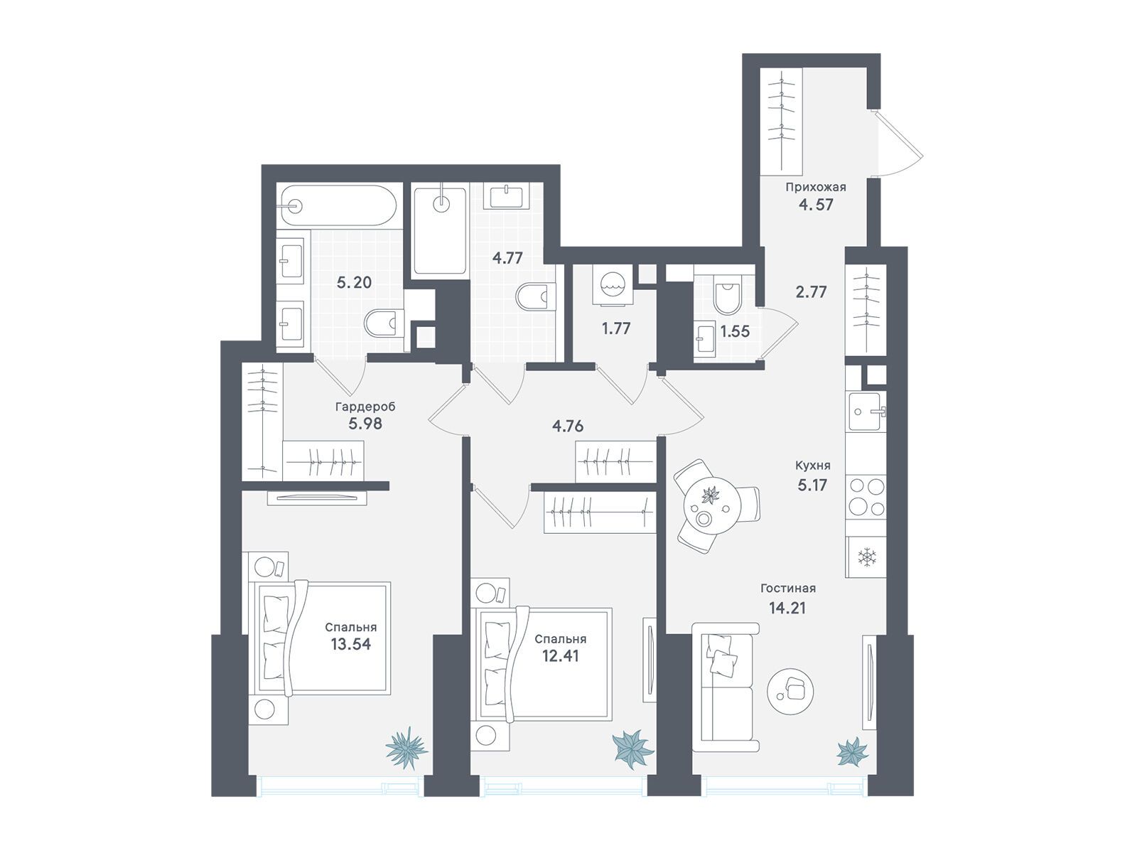 Планировка: 2-комн. квартира 76.70 м² в новостройке ЖК Солос
