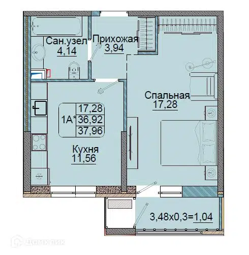 Планировка: 1-комн. квартира 37.96 м² в новостройке Репин-Парк
