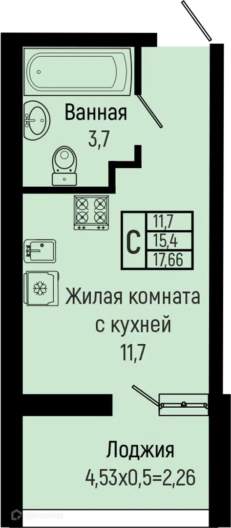 Планировка: Студия 17.66 м² в новостройке Сан Хиллс Ольгинка 2