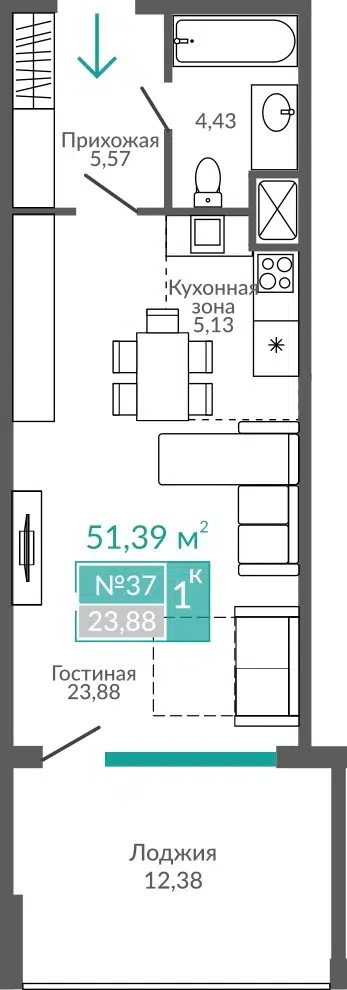 Планировка: Студия 51.39 м² в новостройке Золотые пески
