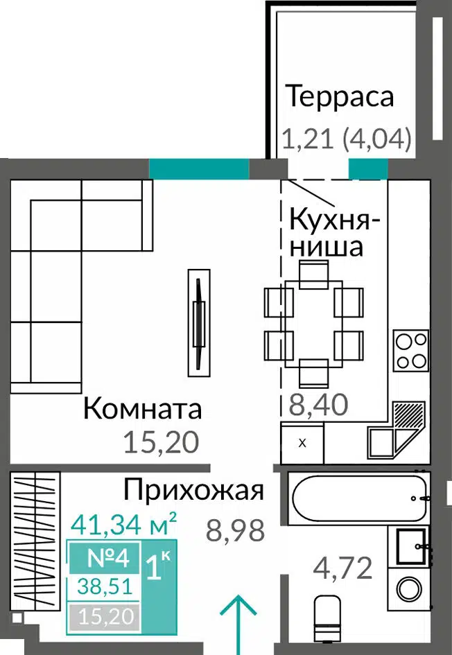 Планировка: 1-комн. квартира 38.51 м² в новостройке Тюльпаны