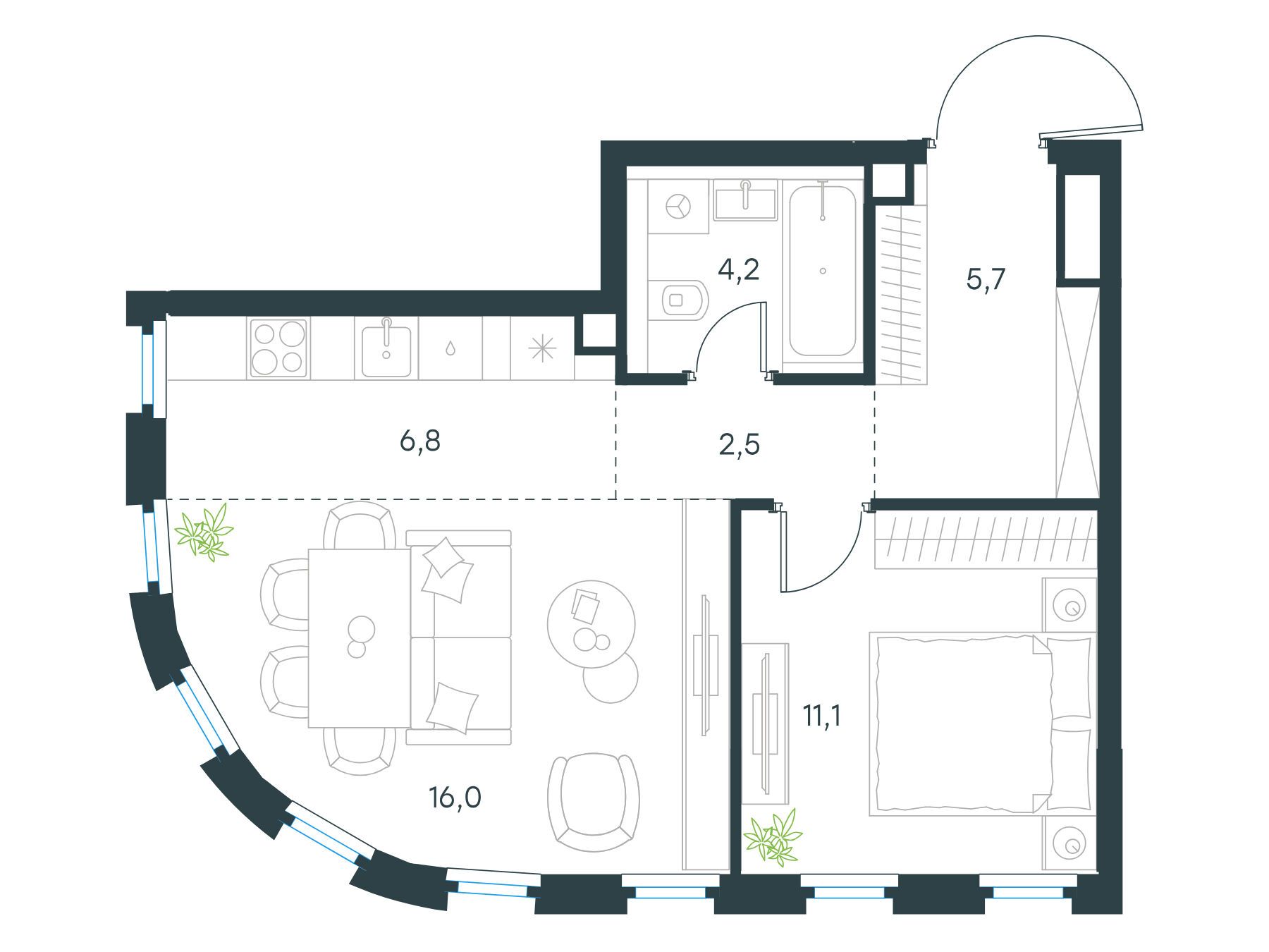 Планировка: 2-комн. квартира 46.30 м² в новостройке Левел Нижегородская