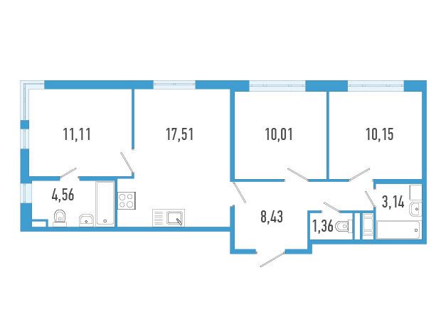 Планировка: 3-комн. квартира 66.27 м² в новостройке Аэросити
