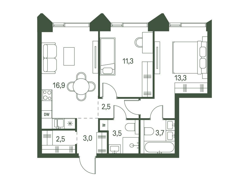 Планировка: 2-комн. квартира 56.70 м² в новостройке ЖК Моментс