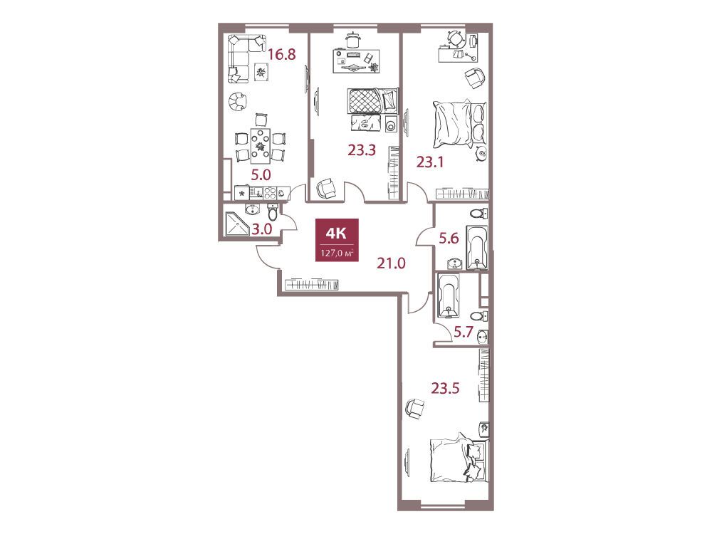 Планировка: 4-комн. квартира 127.00 м² в новостройке Легаси
