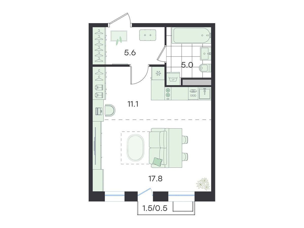 Планировка: Студия 40.20 м² в новостройке Джи Три Театральный