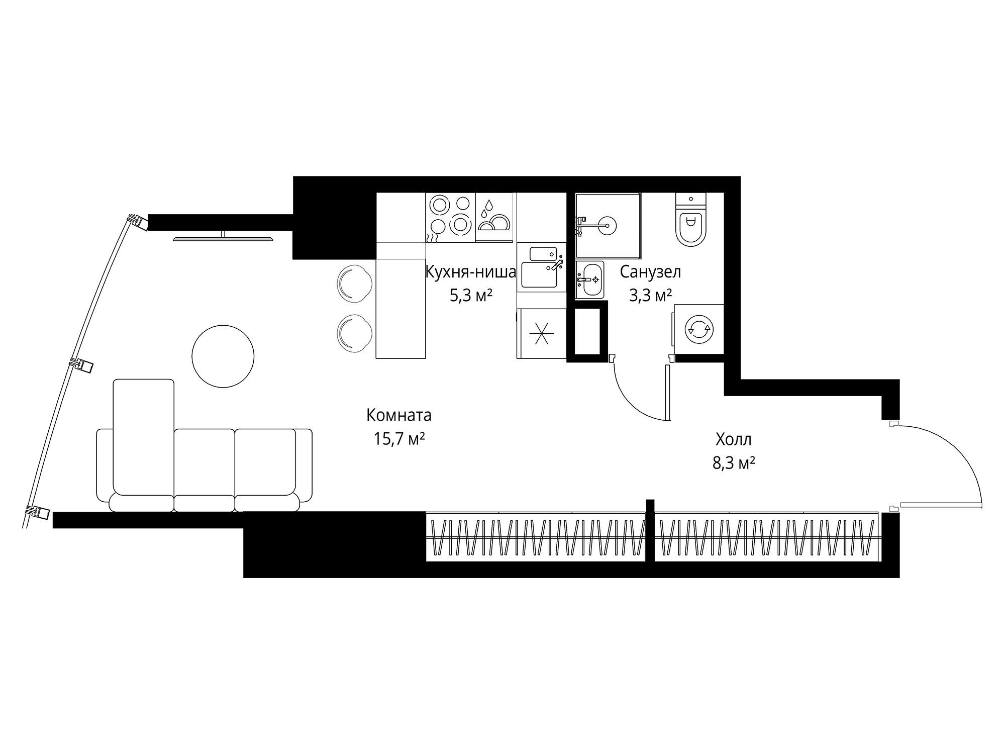 Планировка: Студия 32.60 м² в новостройке Оне