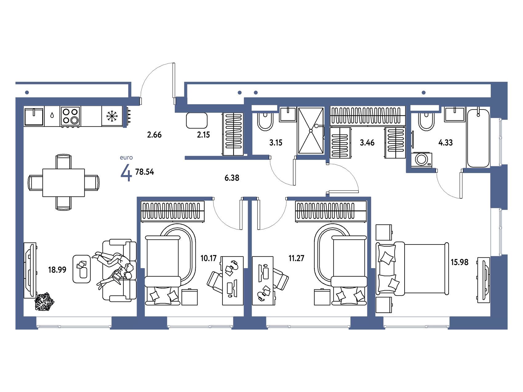 Планировка: 4-комн. квартира 78.54 м² в новостройке Страна Парковая