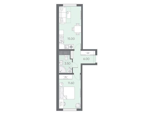 Планировка: 1-комн. квартира 36.10 м² в новостройке Ручьи