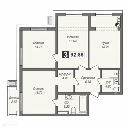 Планировка: 3-комн. квартира 92.81 м² в новостройке Мельница