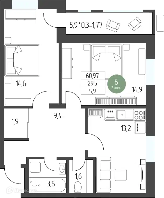 Планировка: 2-комн. квартира 60.97 м² в новостройке Лермонтов