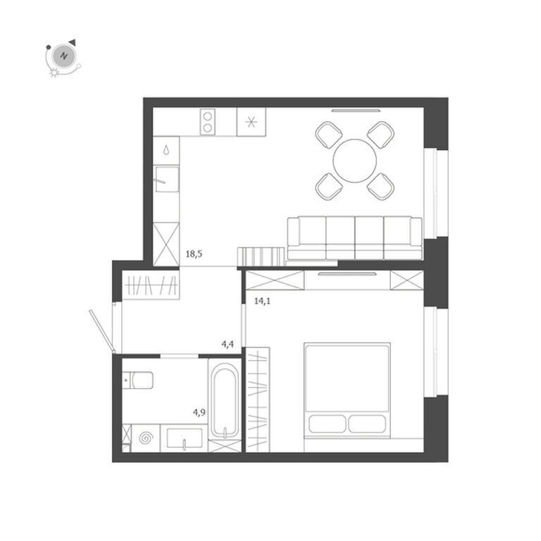 Планировка: 1-комн. квартира 41.90 м² в новостройке ЛДМ