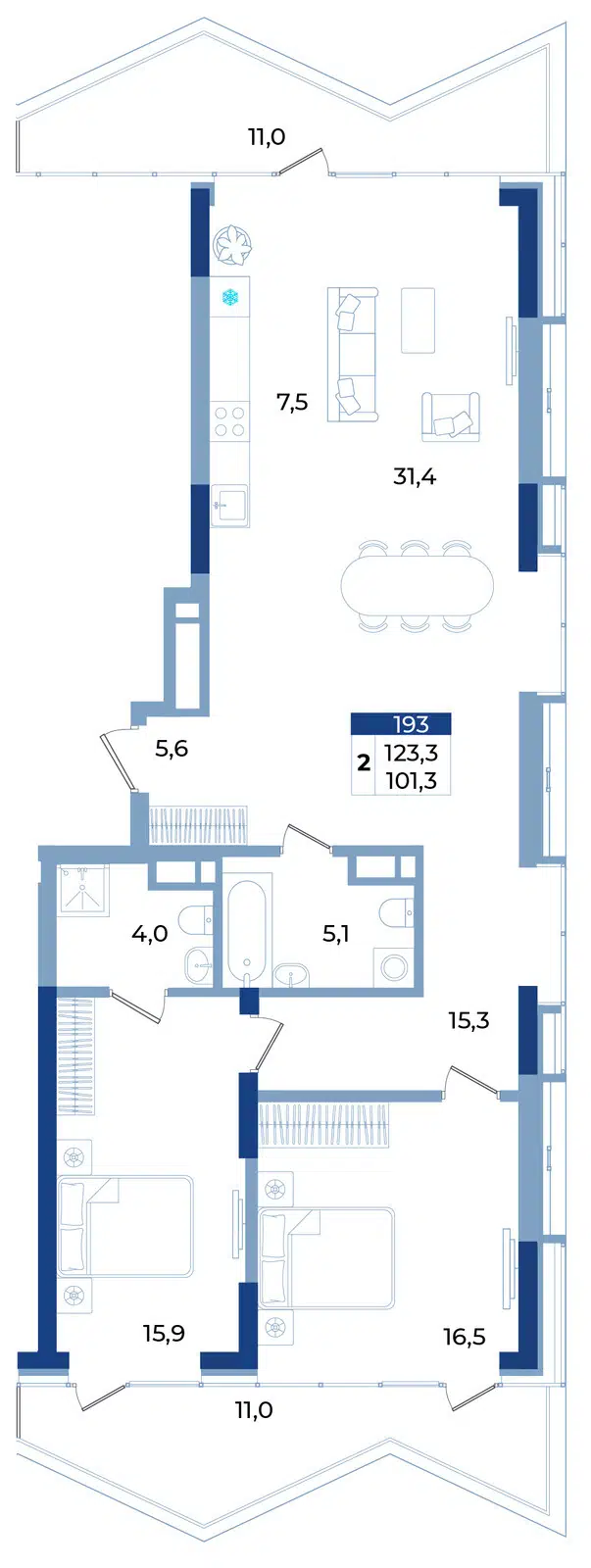 Планировка: 2-комн. квартира 123.30 м² в новостройке Комплекс апартаментов Эфириум