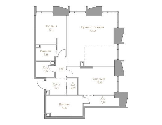 Планировка: 2-комн. квартира 92.00 м² в новостройке Коллекция Лужники