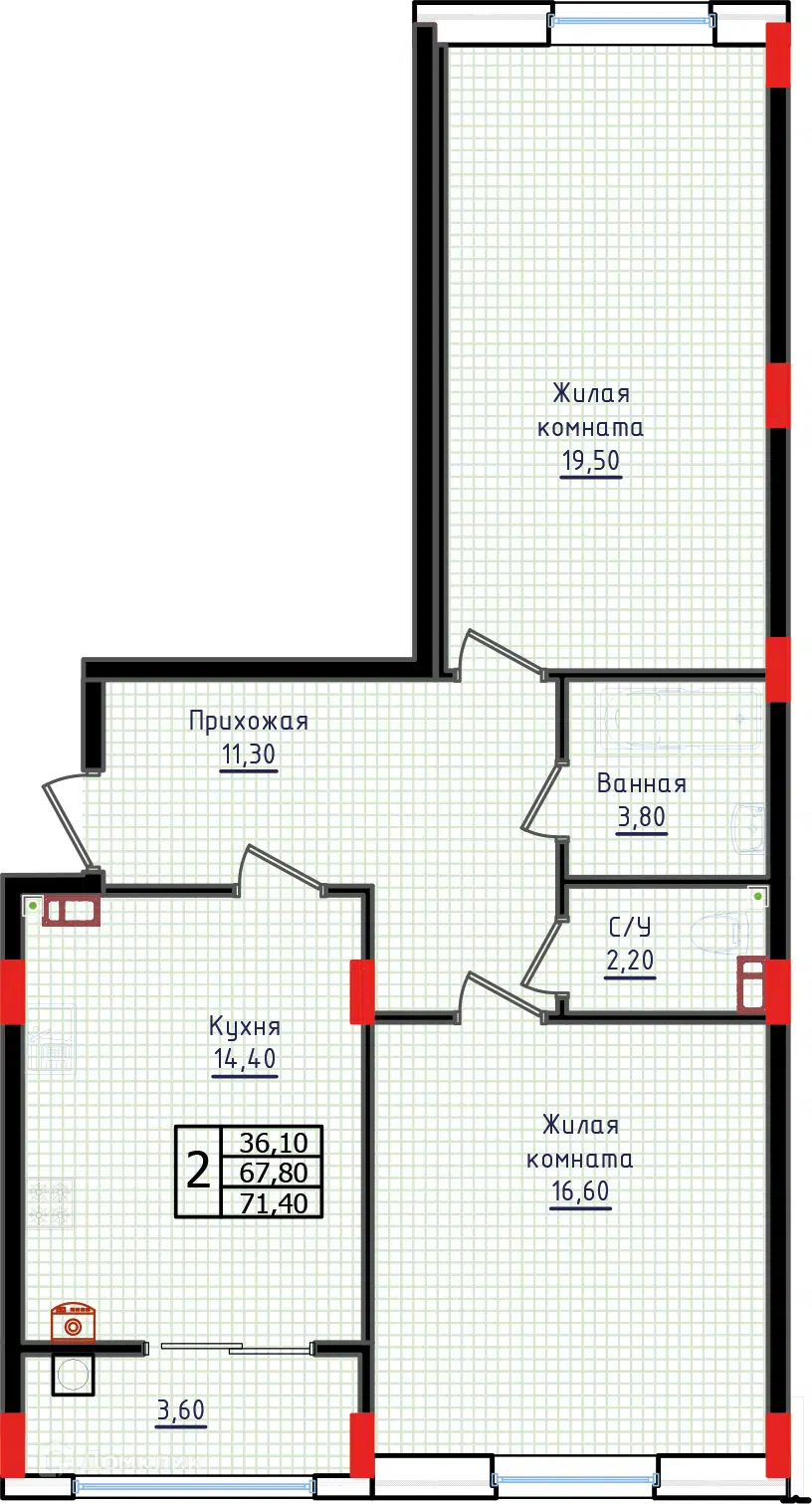 Планировка: 2-комн. квартира 71.40 м² в новостройке Суворов