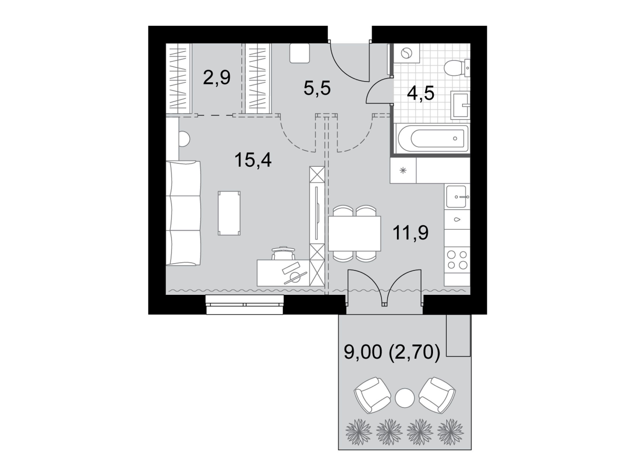 Планировка: 1-комн. квартира 42.90 м² в новостройке ЖК Дубровицы клаб