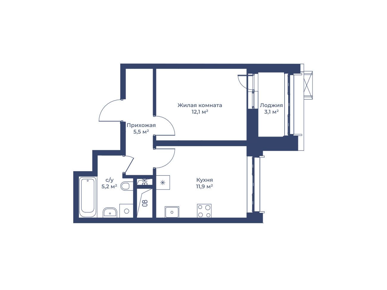 Планировка: 1-комн. квартира 36.30 м² в новостройке Цветочный Город