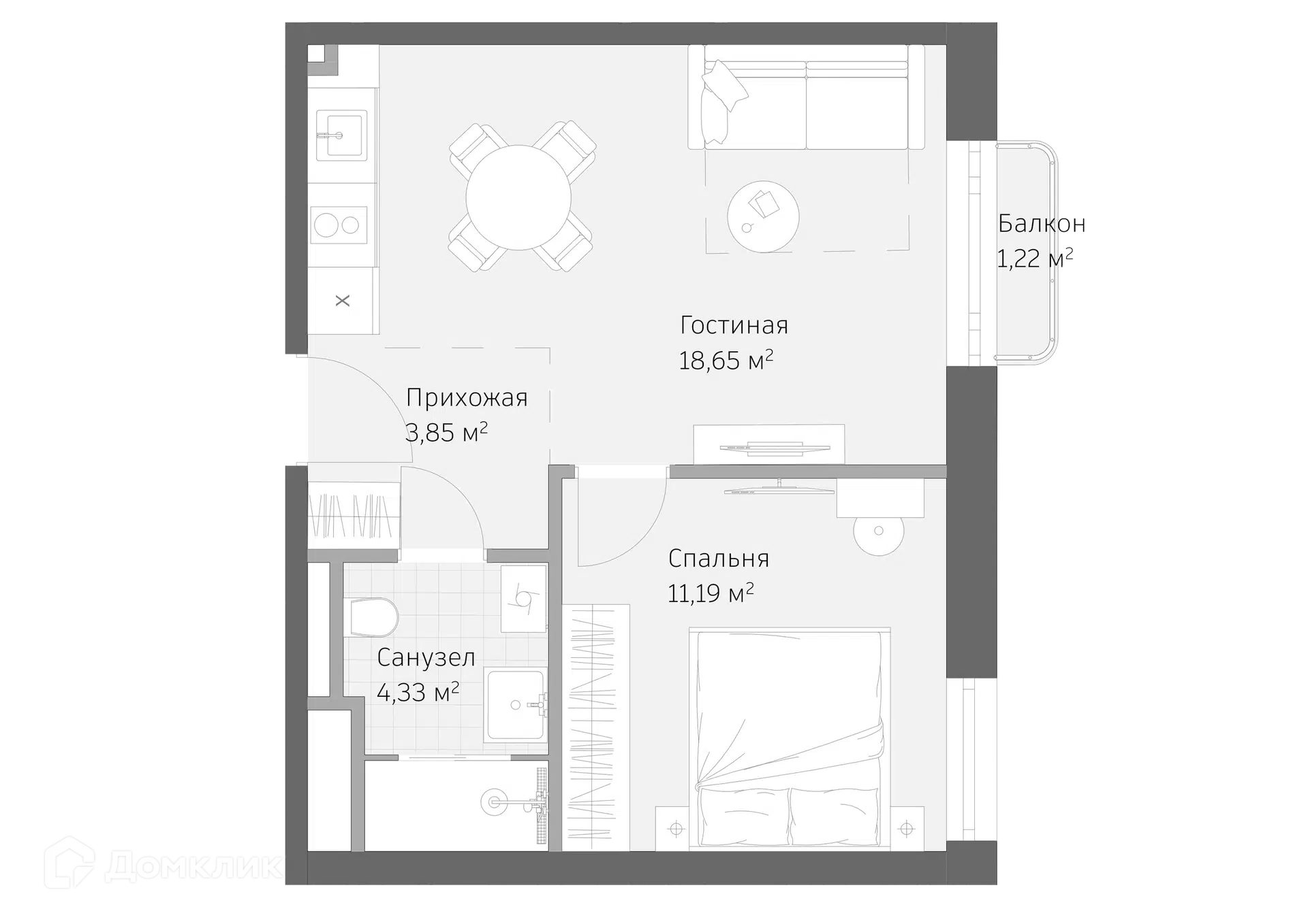 Планировка: 2-комн. квартира 39.24 м² в новостройке Реликт
