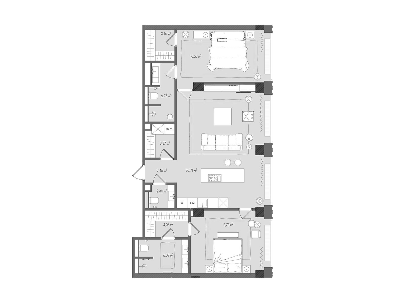 Планировка: 2-комн. квартира 96.80 м² в новостройке Форум