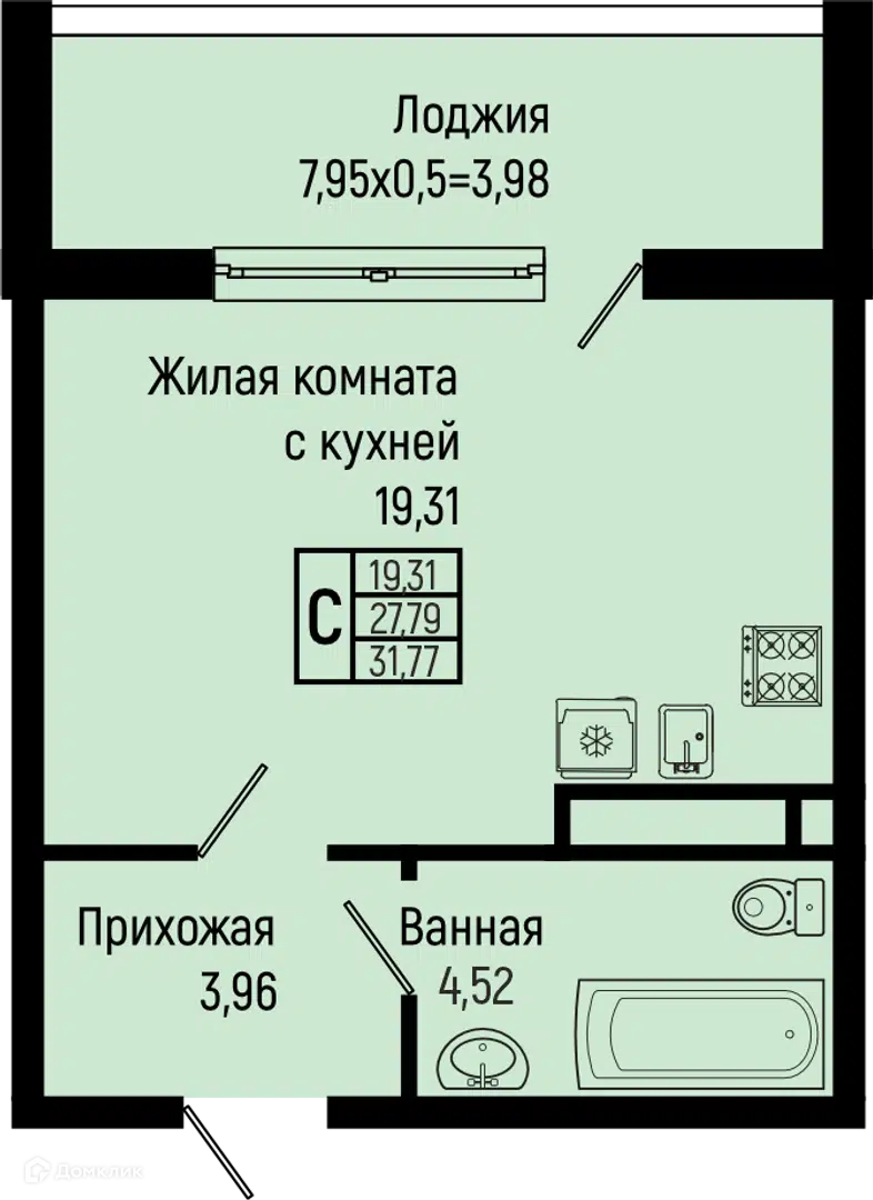 Планировка: Студия 31.77 м² в новостройке Сан Хиллс Ольгинка 2