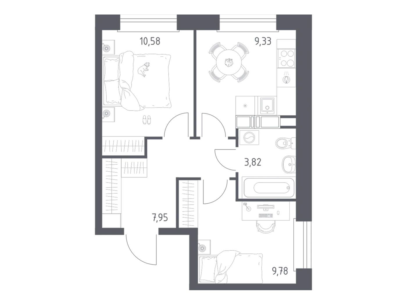 Планировка: 2-комн. квартира 41.67 м² в новостройке Эко Бунино