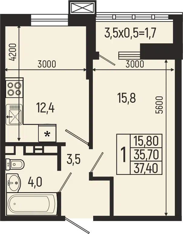 Планировка: 1-комн. квартира 37.40 м² в новостройке Звезды