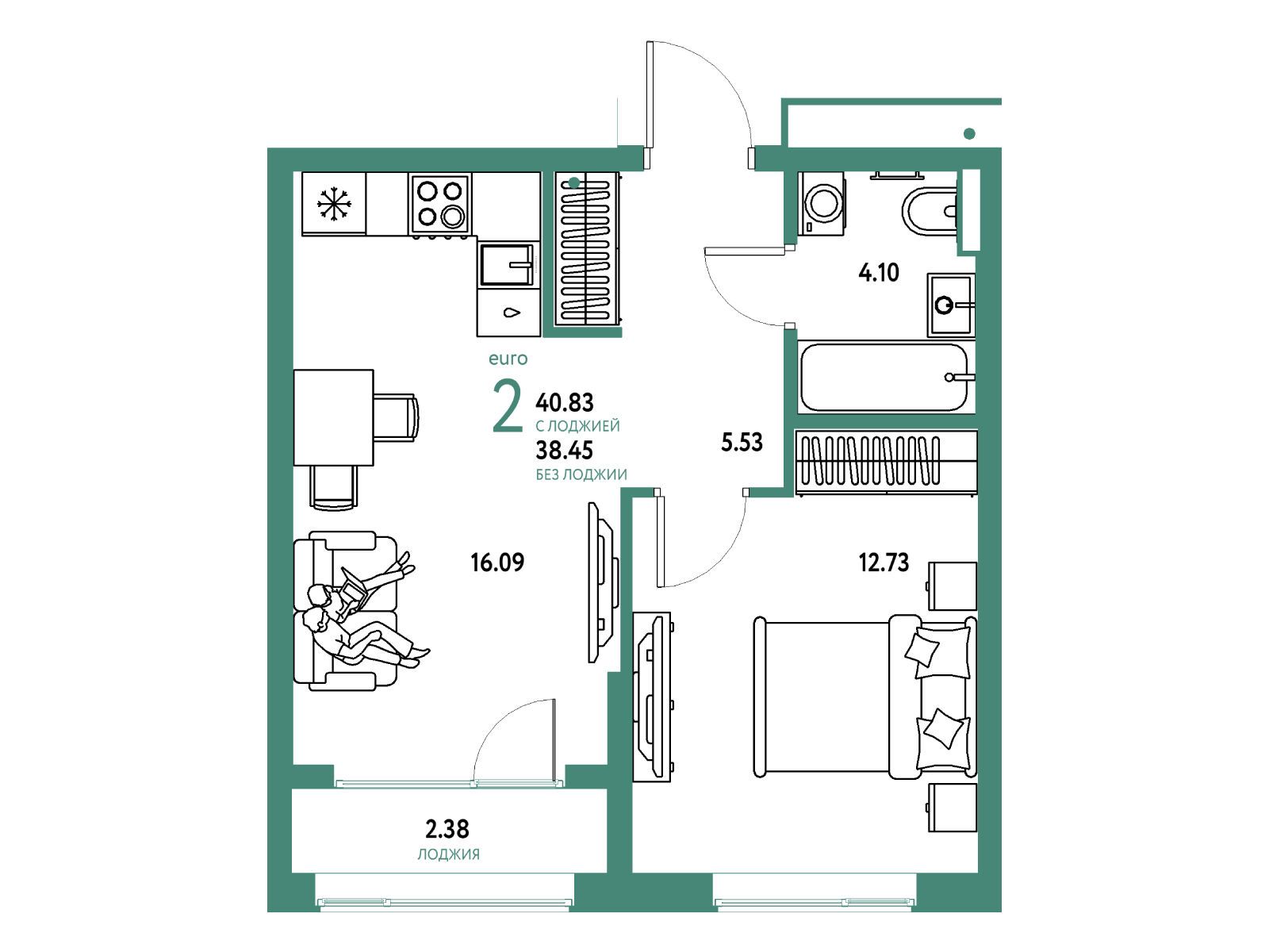 Планировка: 2-комн. квартира 40.83 м² в новостройке Страна Парковая