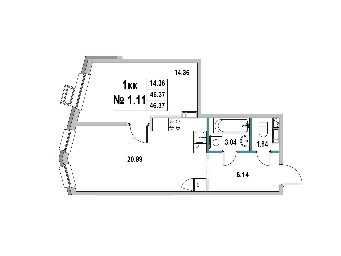 Планировка: 1-комн. квартира 46.37 м² в новостройке ЖК Новый город (Выборг)