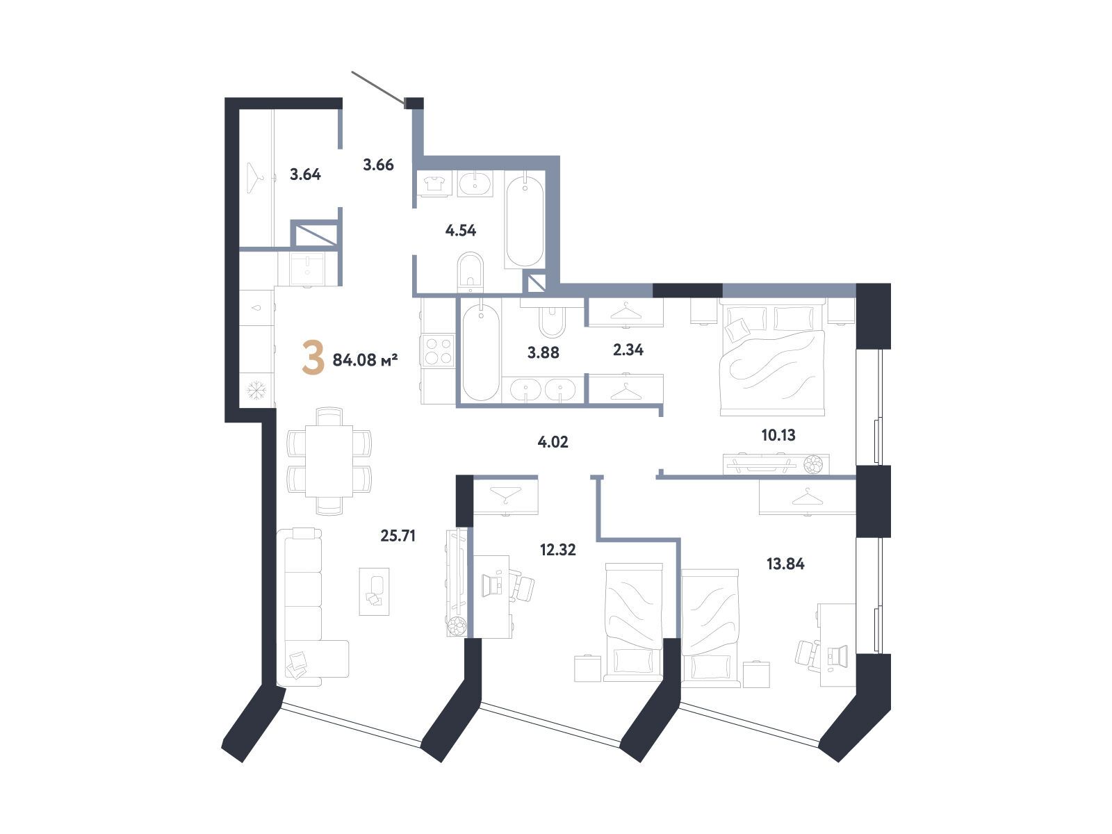 Планировка: 3-комн. квартира 84.08 м² в новостройке Репаблик