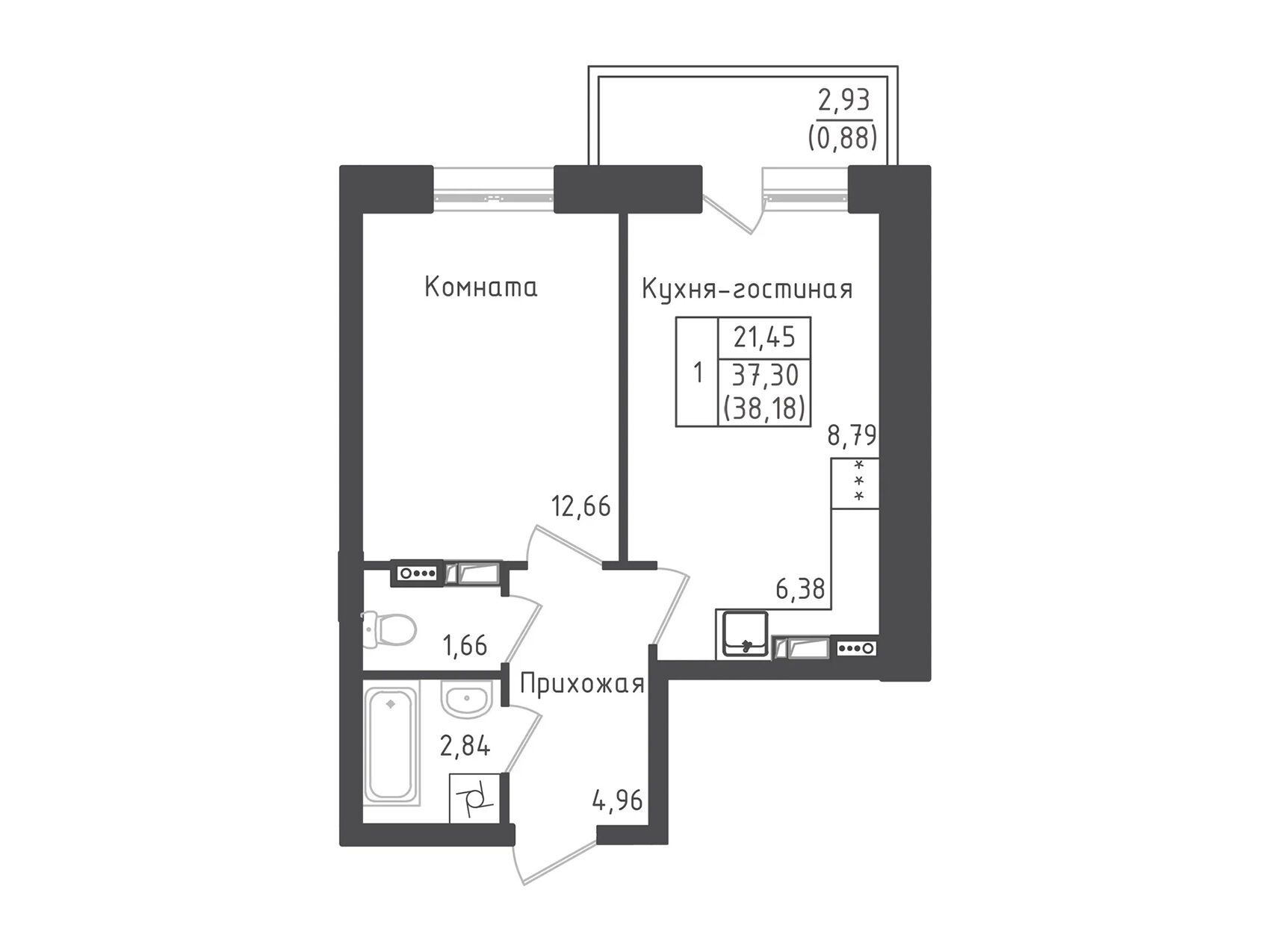 Планировка: 1-комн. квартира 38.18 м² в новостройке Зеленый Город
