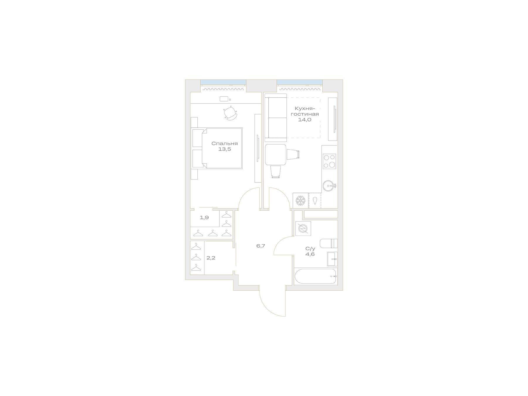 Планировка: 1-комн. квартира 42.90 м² в новостройке Детали