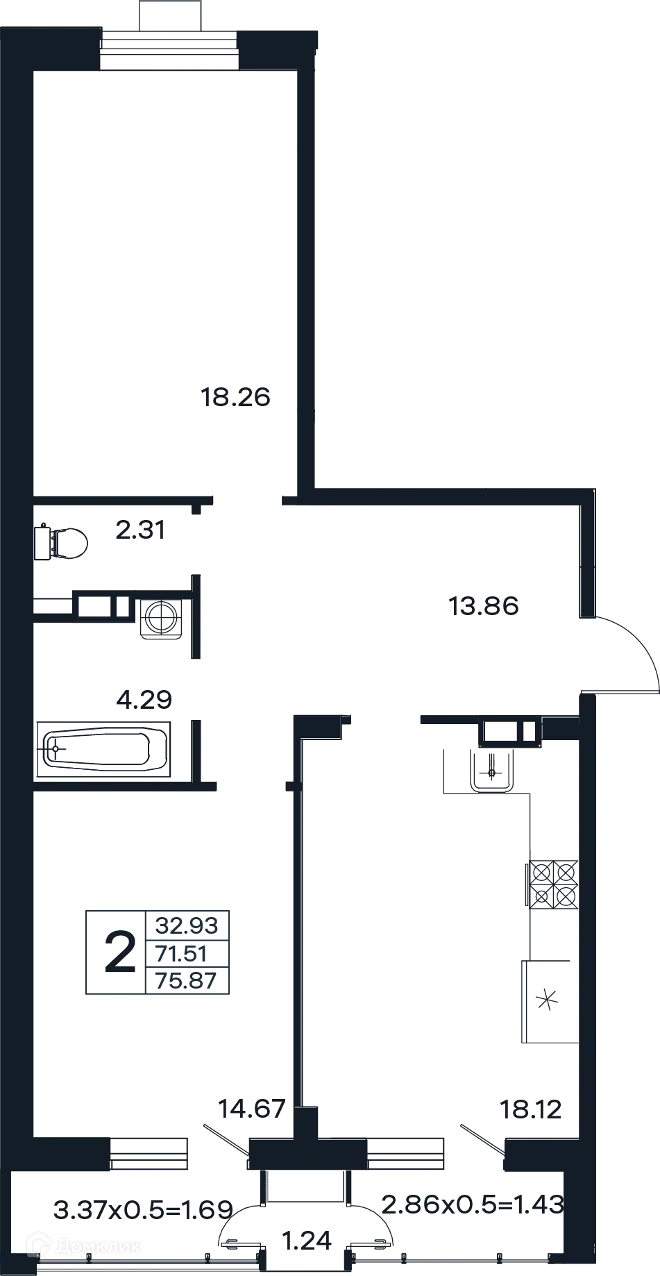 Планировка: 2-комн. квартира 75.87 м² в новостройке Эндемик