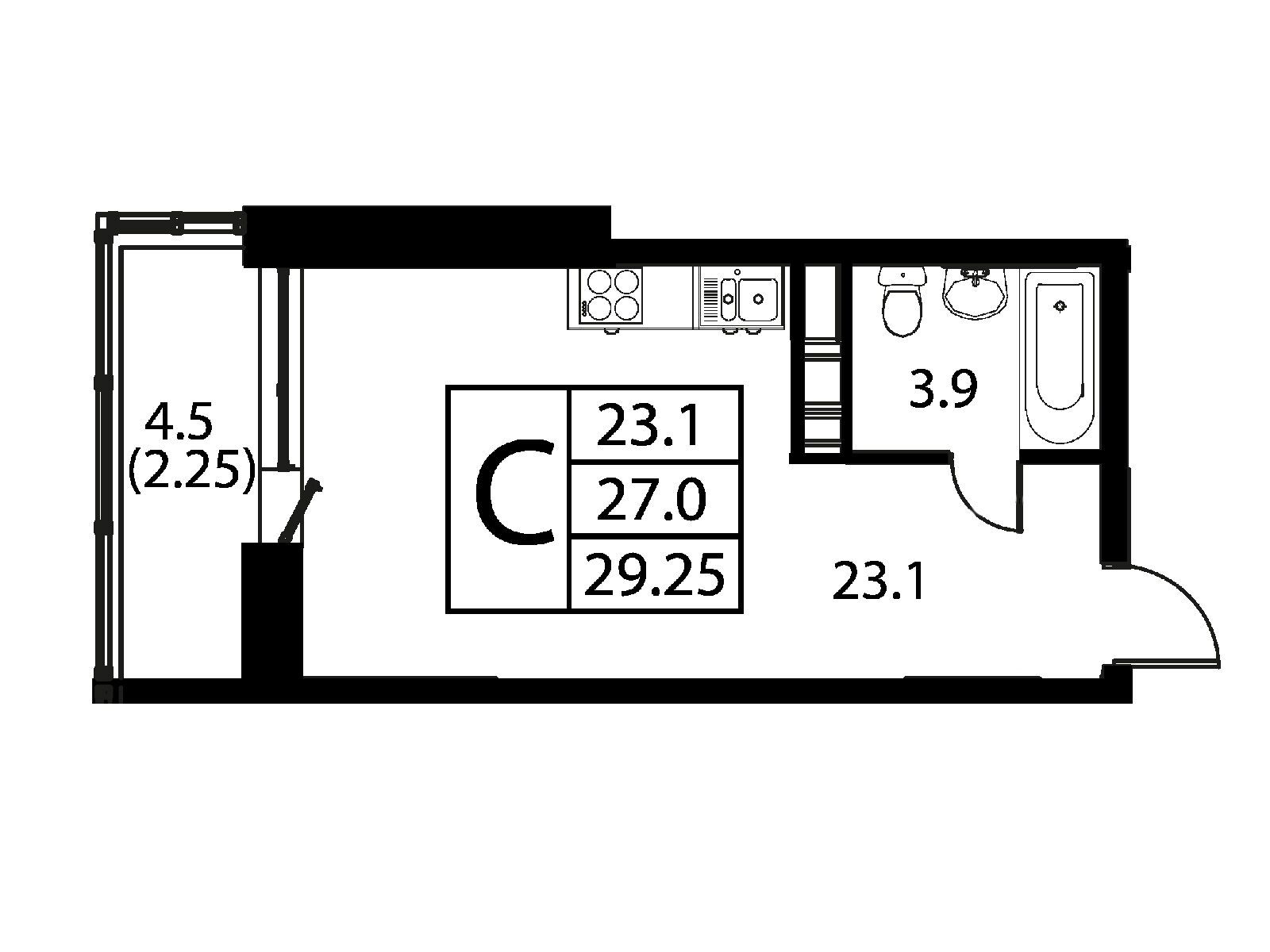 Планировка: Студия 29.25 м² в новостройке Космос