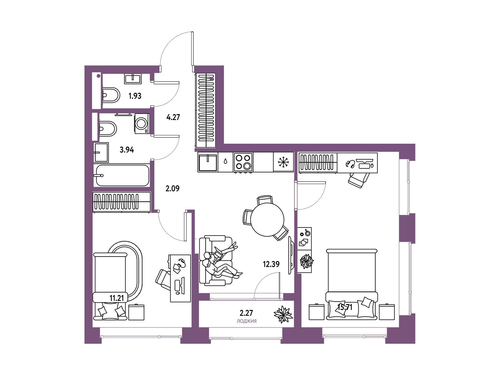 Планировка: 3-комн. квартира 53.81 м² в новостройке Страна Парковая
