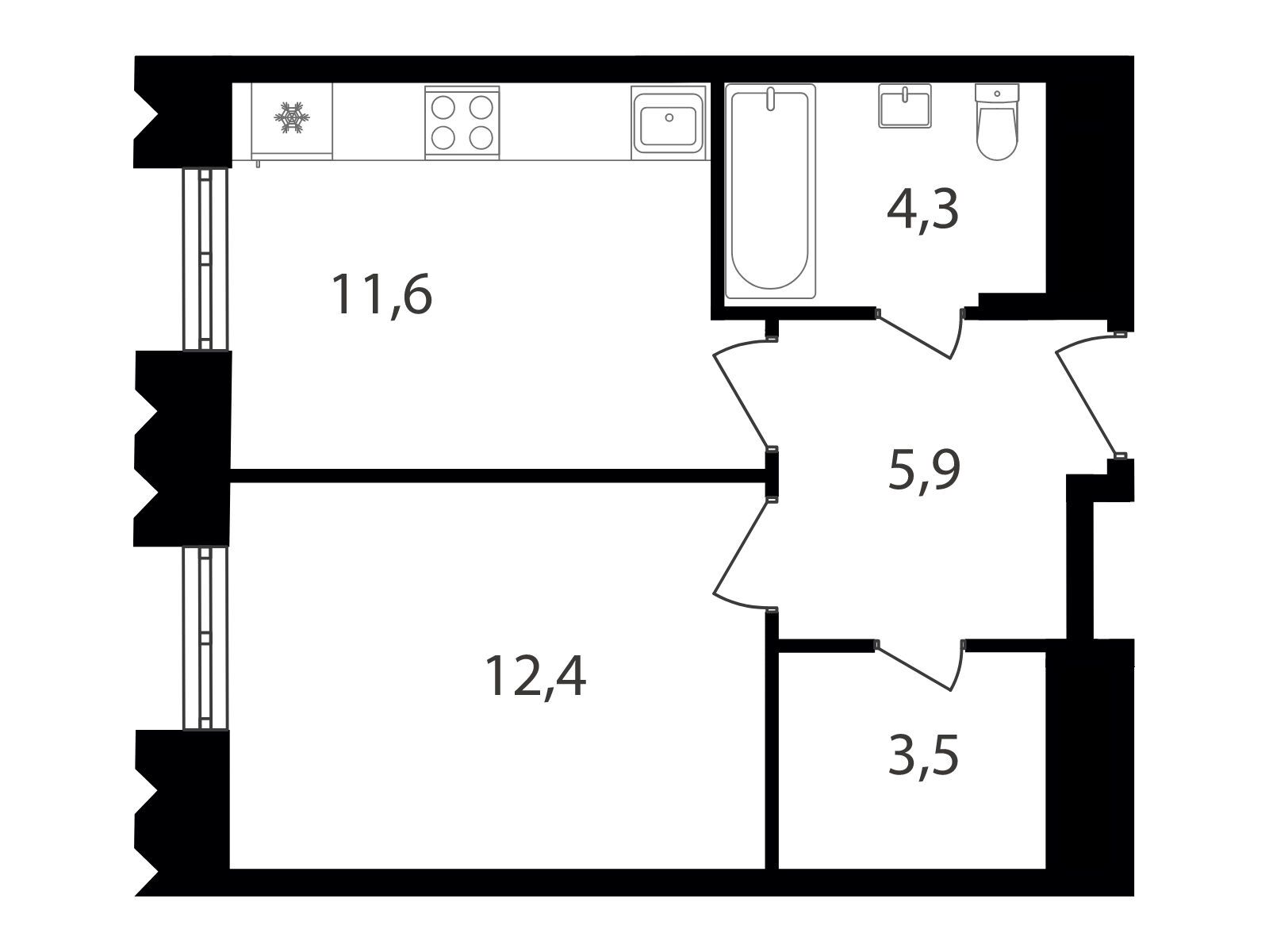 Планировка: 1-комн. квартира 37.70 м² в новостройке Варшавские ворота