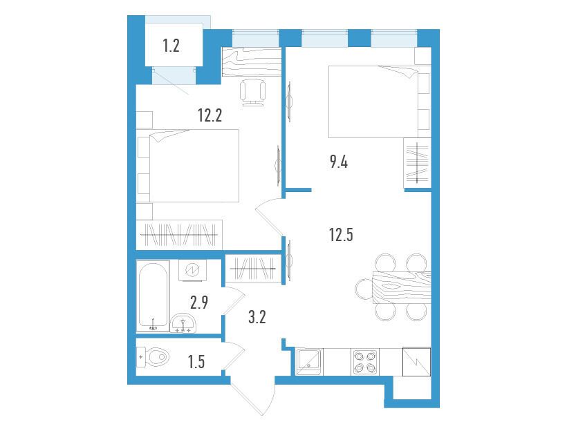 Планировка: 2-комн. квартира 42.30 м² в новостройке Аэросити Клаб