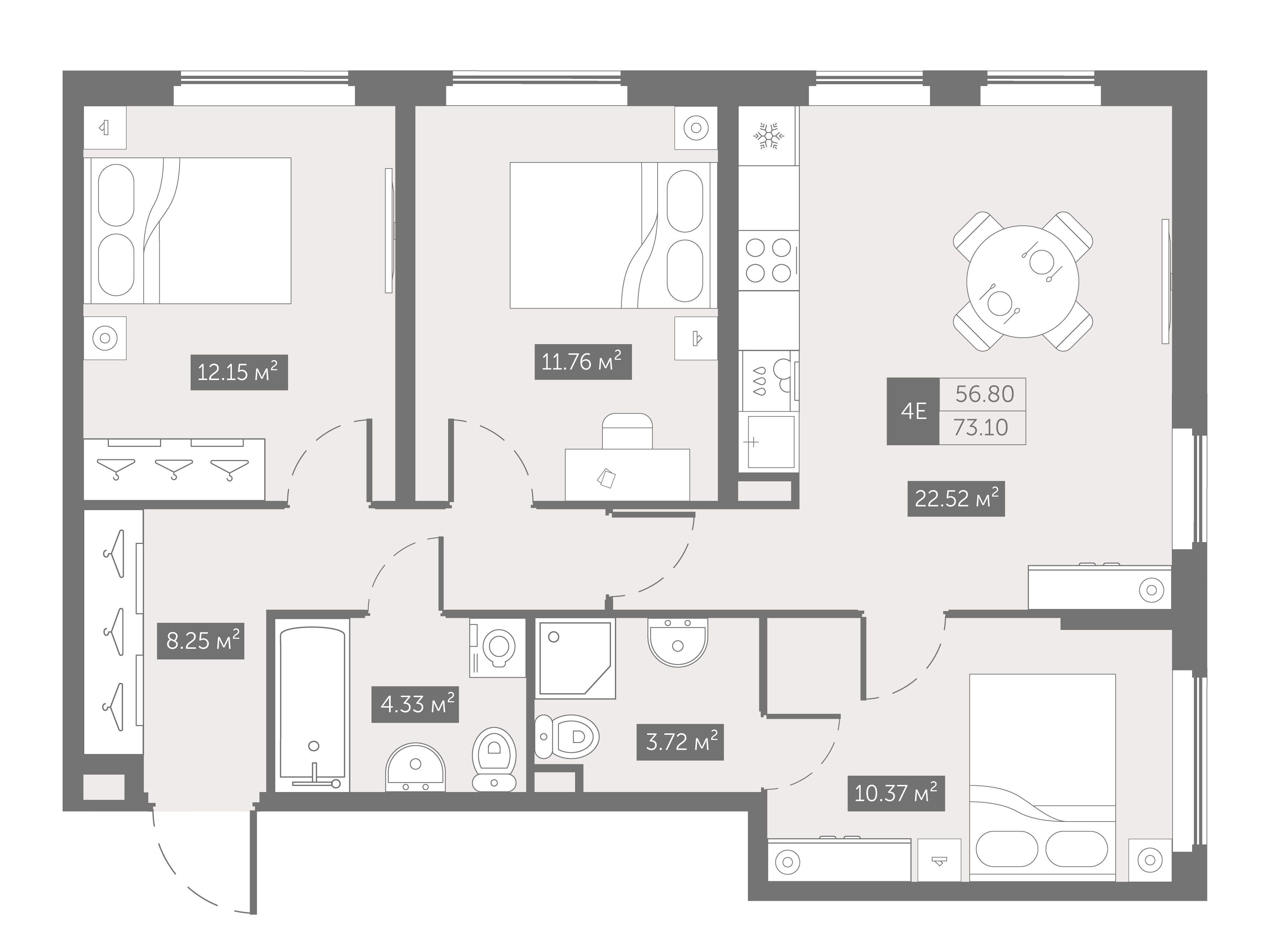 Планировка: 3-комн. квартира 73.10 м² в новостройке Зум на Неве