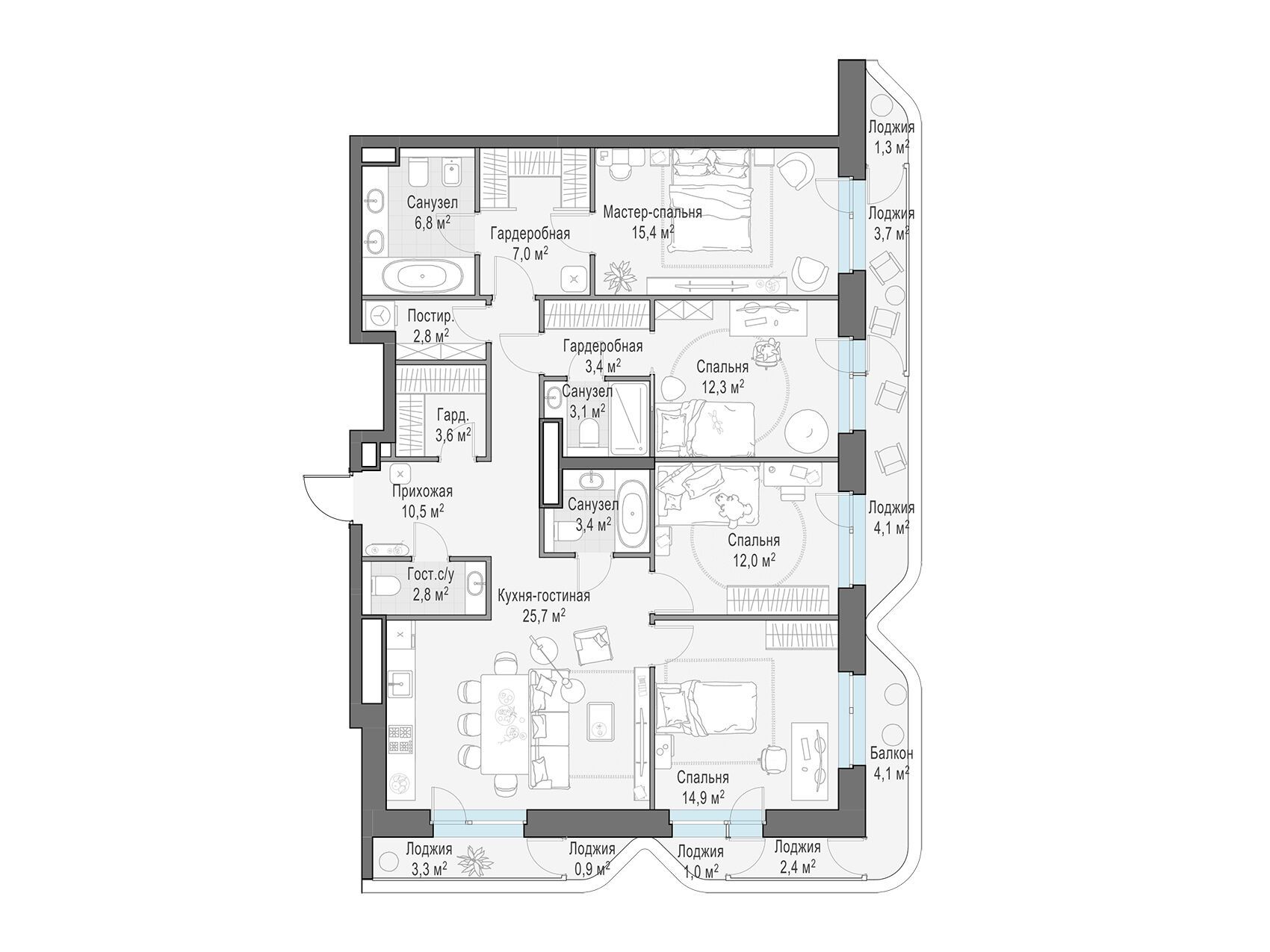 Планировка: 4-комн. квартира 134.80 м² в новостройке Форивер
