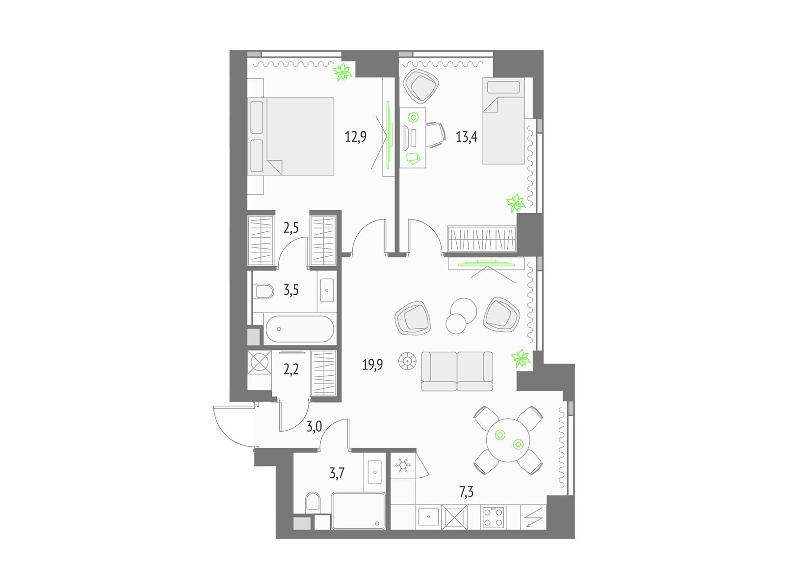 Планировка: 2-комн. квартира 70.40 м² в новостройке Апсайд Тауерс