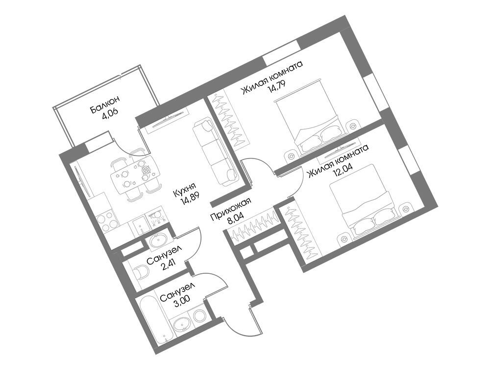 Планировка: 2-комн. квартира 56.39 м² в новостройке Резиденция Рощино