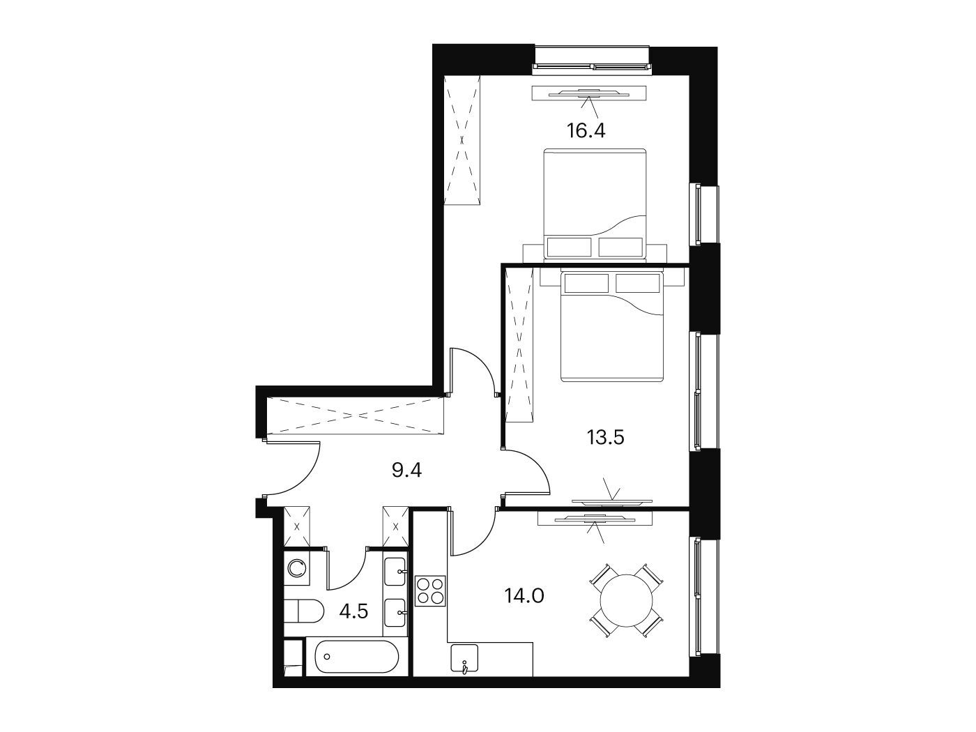 Планировка: 2-комн. квартира 57.80 м² в новостройке ЖК Аквилон Сигнал