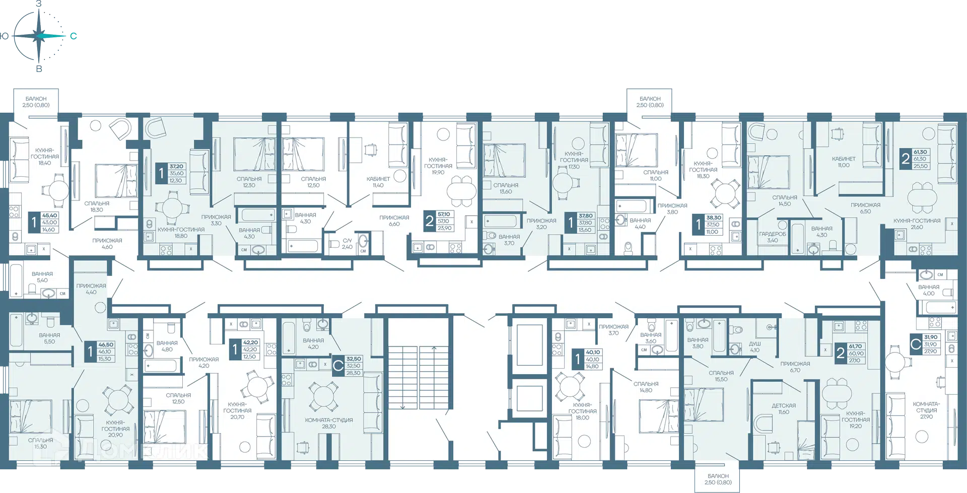 Планировка: 1-комн. квартира 43.79 м² в новостройке Иначе в Молодежном