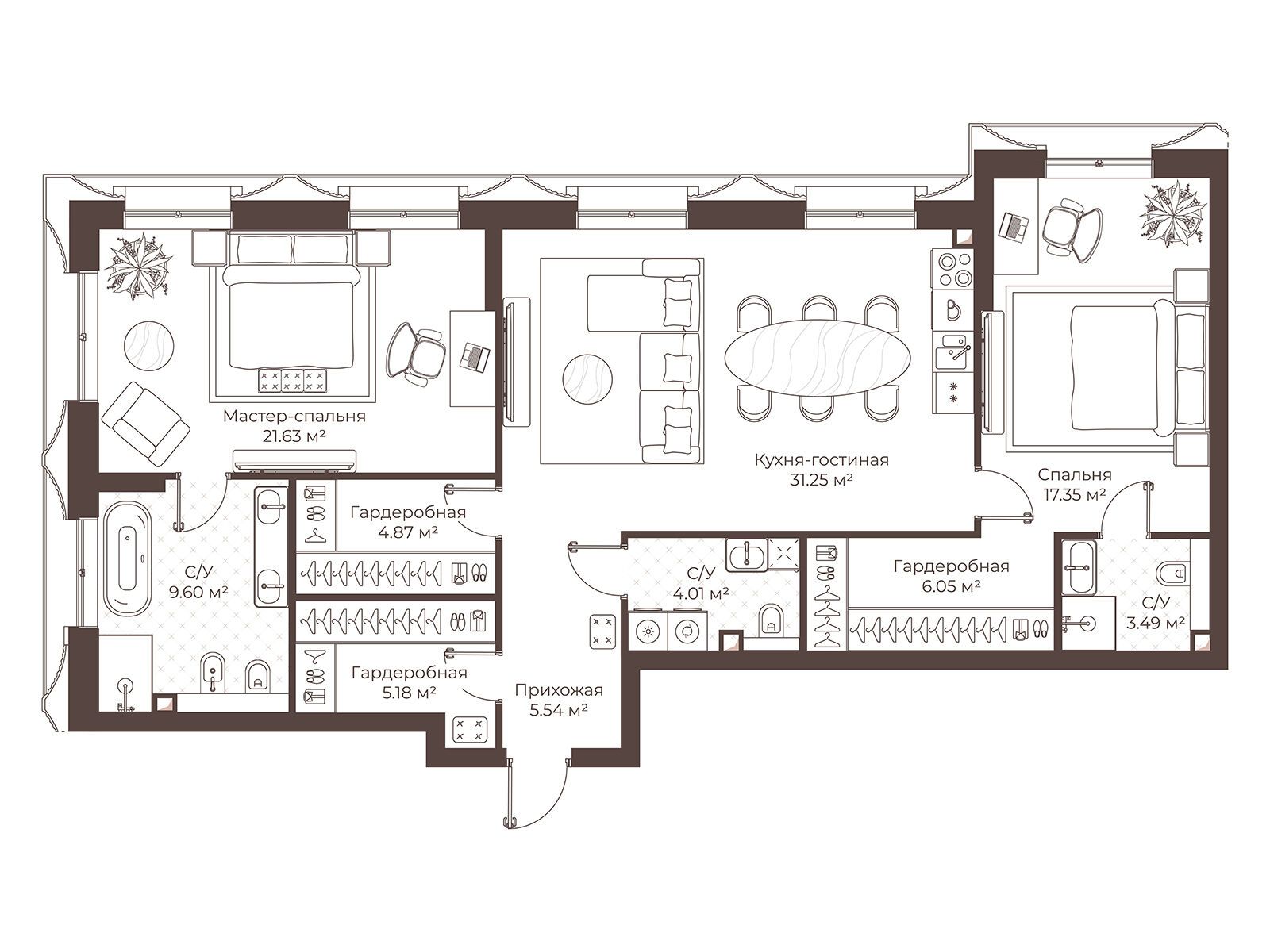 Планировка: 2-комн. квартира 108.97 м² в новостройке Клубный дом Воронцовъ