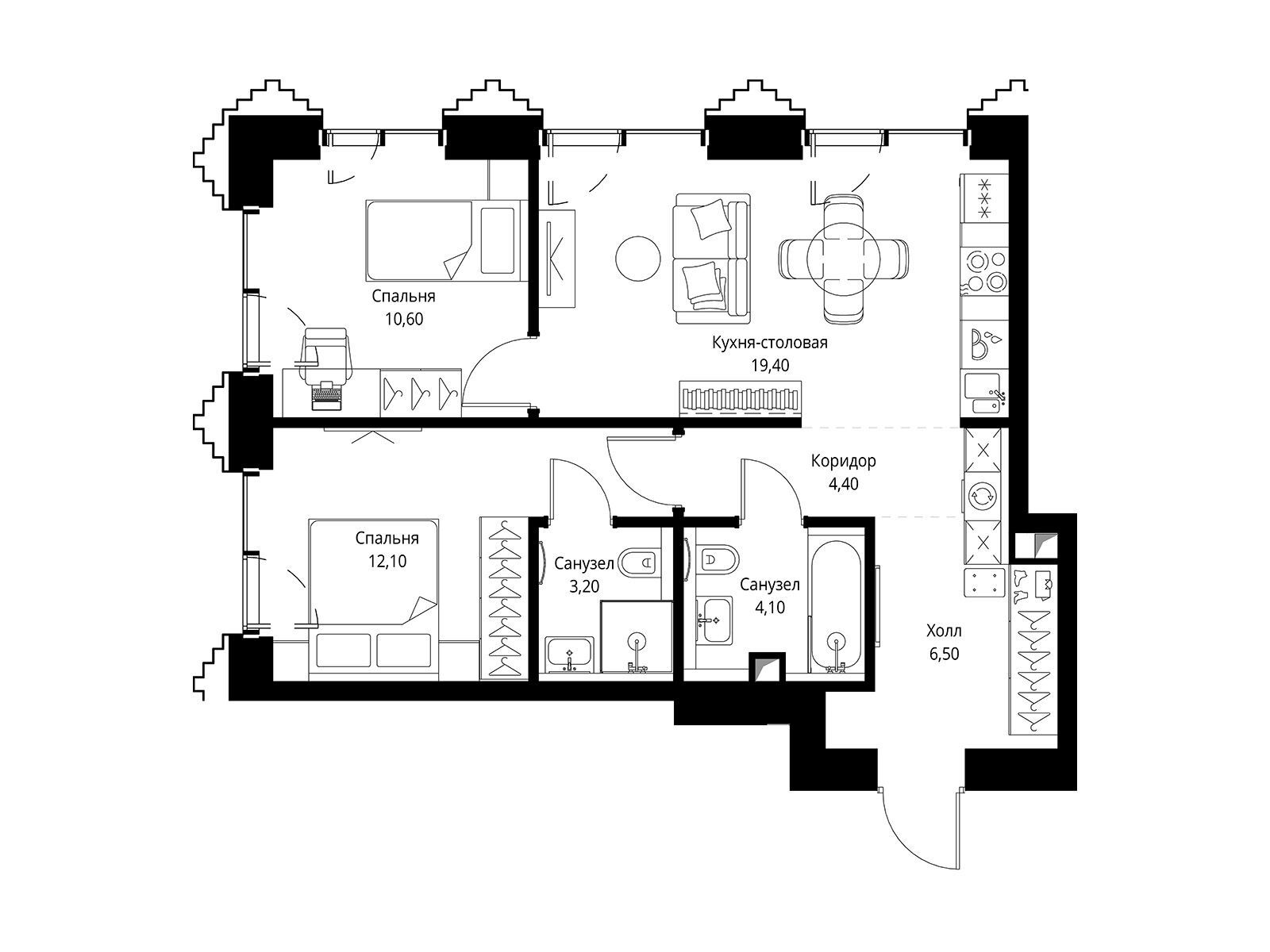 Планировка: 2-комн. квартира 60.70 м² в новостройке Сет