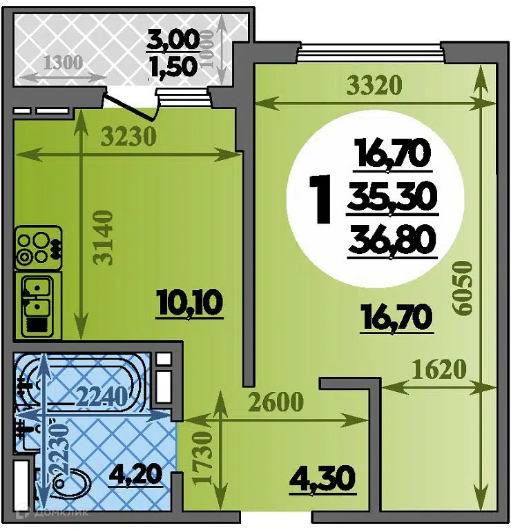 Планировка: 1-комн. квартира 36.80 м² в новостройке Парк у дома