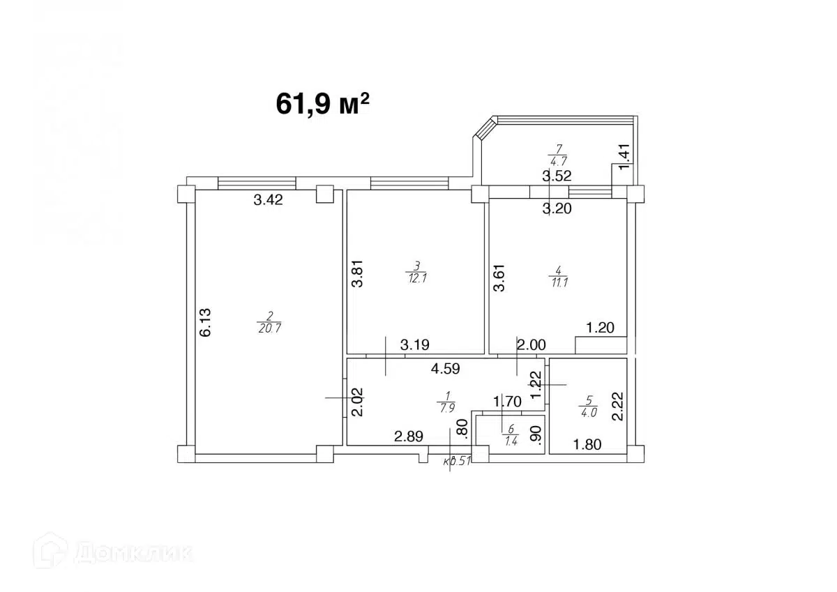 Планировка: 2-комн. квартира 61.90 м² в новостройке Квартал Лета