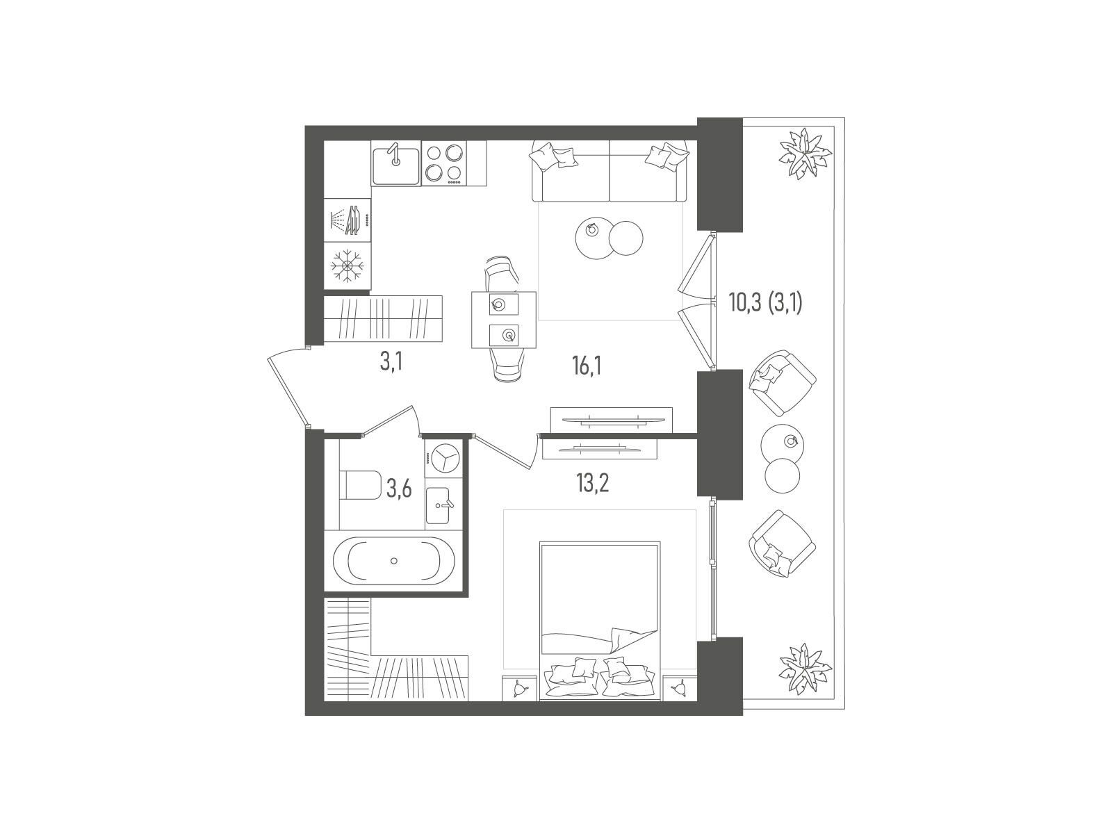 Планировка: 1-комн. квартира 39.10 м² в новостройке Пейв